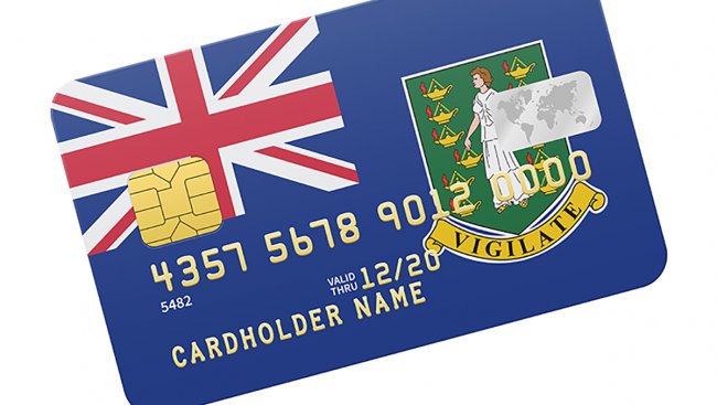 Credit card with British Virgin Islands flag background for bank, presentations and business. Isolated on white